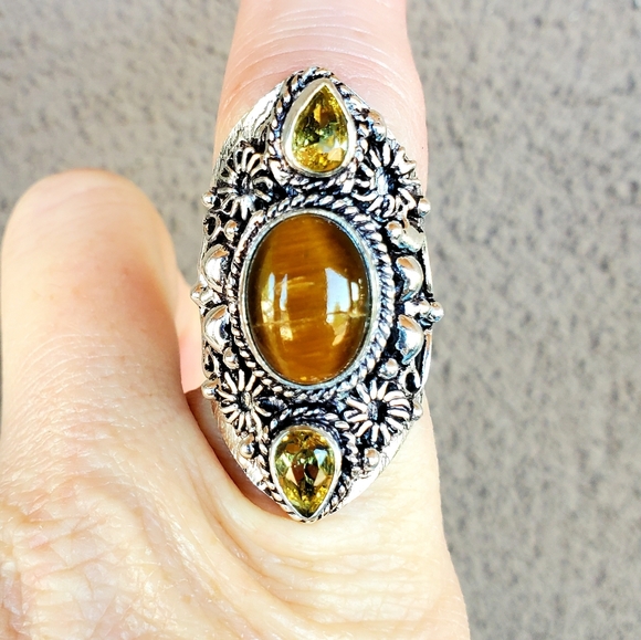 New Tiger Eye & Citrine 925 Silver Statement Ring. - Picture 2 of 6